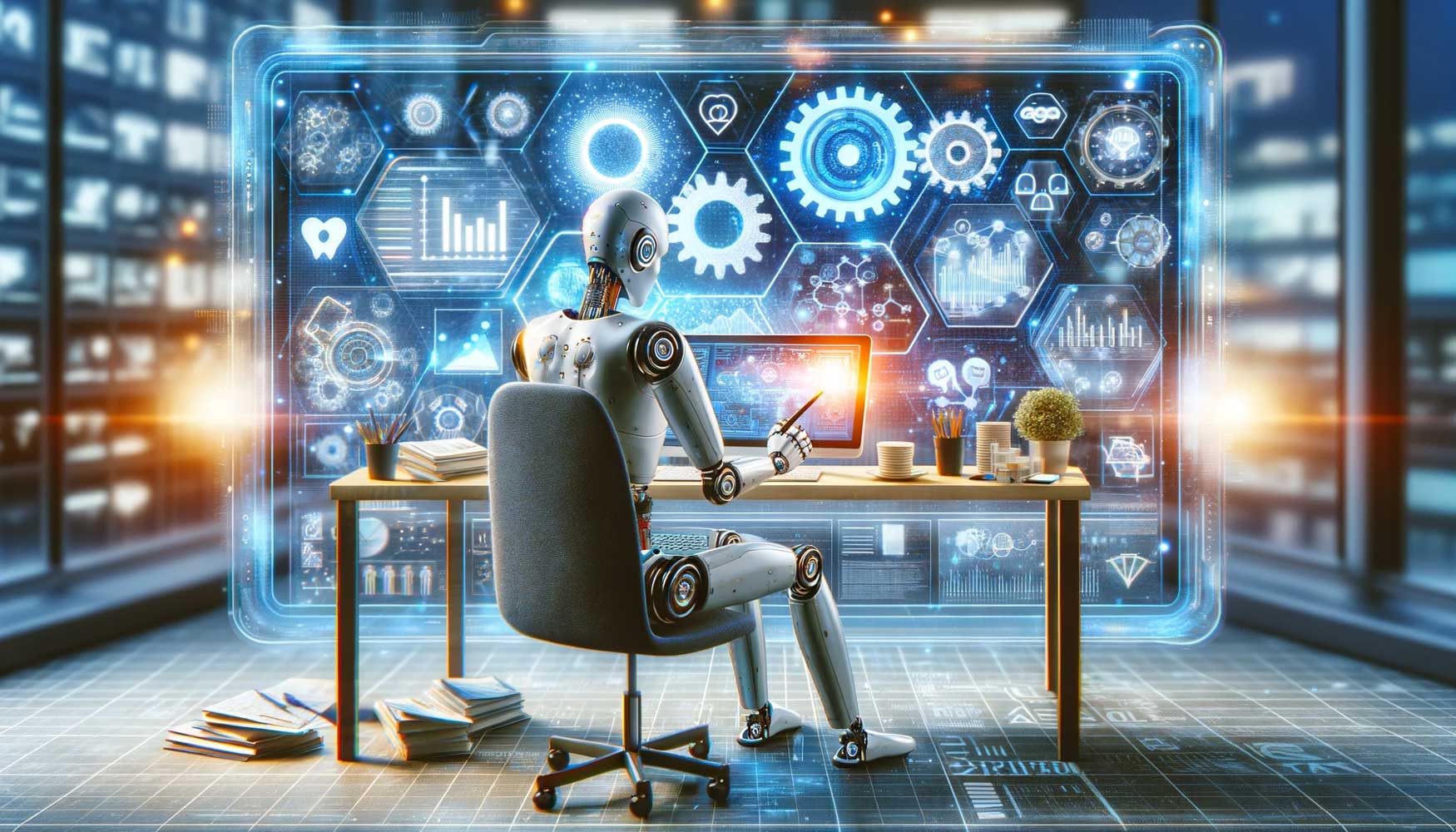 An abstract representation of generative AI in content marketing, showing a humanoid robot sitting at a desk, immersed in creating a digital marketing