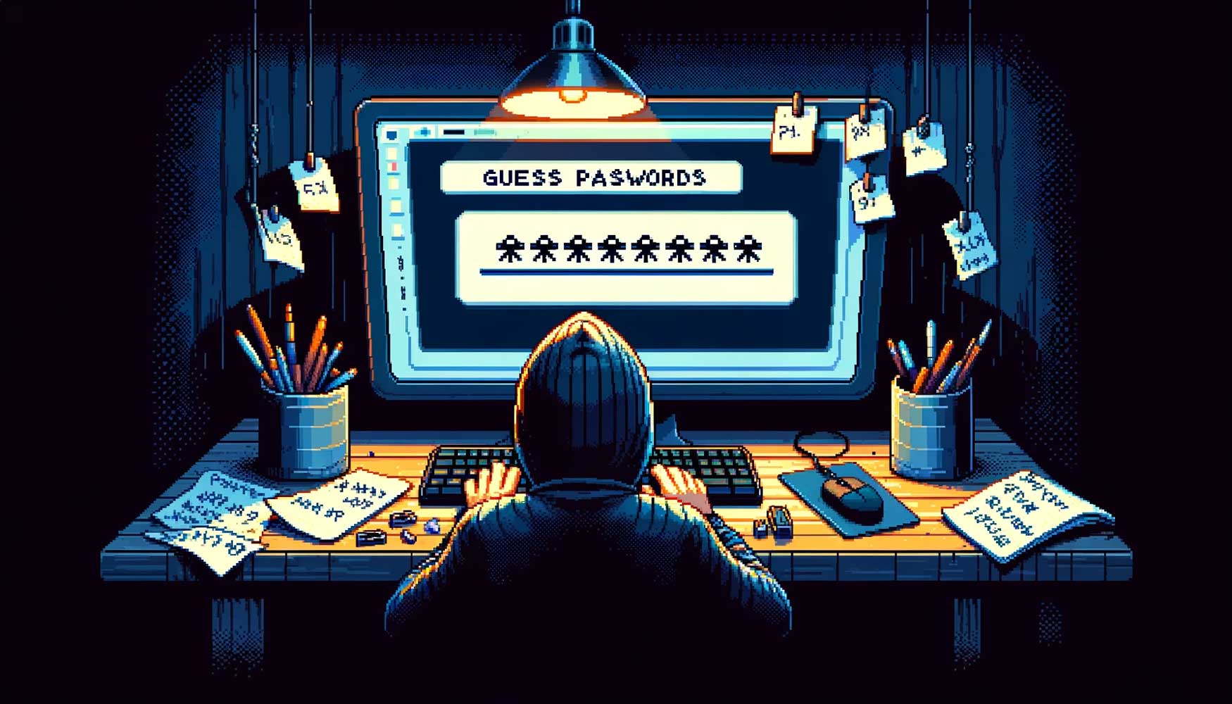 A pixel art scene depicting a thief trying to guess passwords. The setting is a dark room lit only by the glow of a computer screen. The thief is hunched over a keyboard, visibly concentrating on the screen which displays a password input field. Around the thief, there are scattered notes with written guesses and crossed-out passwords. The art style should be detailed and colorful, capturing the essence of pixel art with a focus on conveying the secretive and intense atmosphere of the scene.