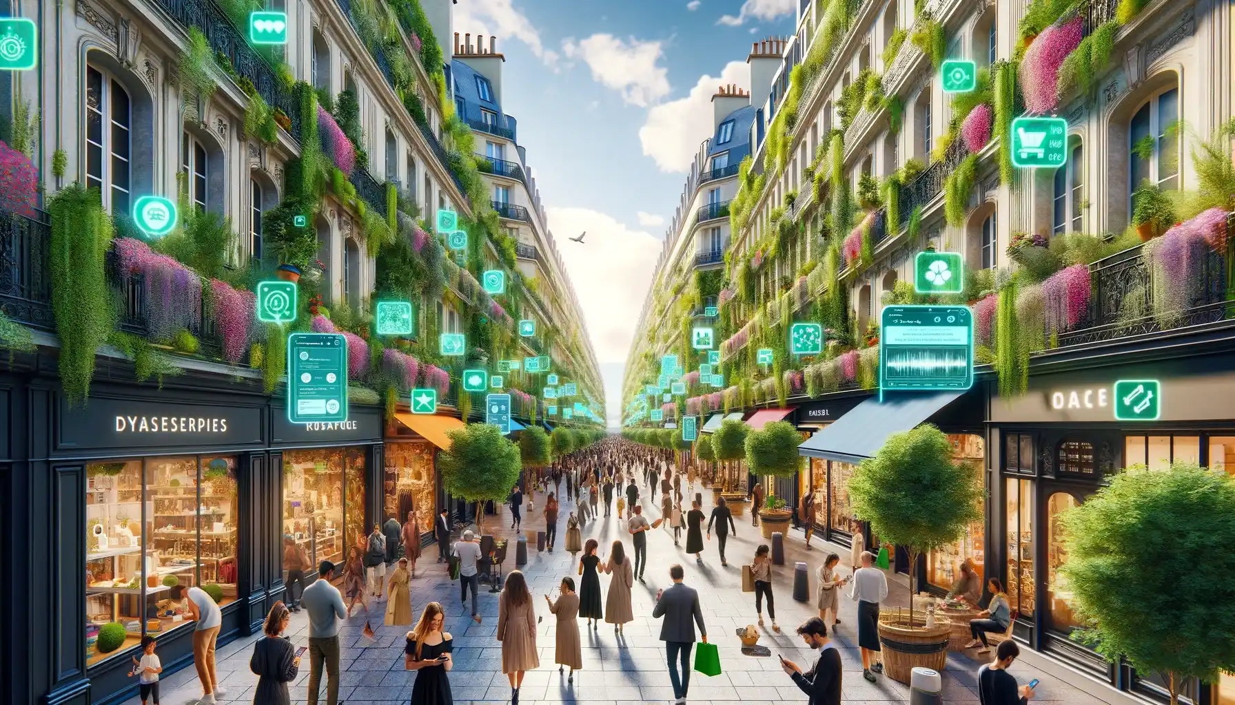 A highly detailed horizontal image of a bustling, eco-friendly shopping street in Paris. The street is teeming with people and is lined with lush greenery, including trees and vertical gardens, and numerous solar panels for sustainable energy. The architecture combines classic Parisian designs with modern, eco-conscious features. Shoppers are actively using their smartphones, and vivid augmented reality (AR) elements from various online shopping platforms are prominently displayed, floating above their heads or seamlessly integrated next to the storefronts. These AR elements include colorful digital price tags, interactive product information, and personalized eco-friendly product suggestions. The overall atmosphere is lively and technologically advanced, highlighting a blend of tradition and futuristic shopping experience.