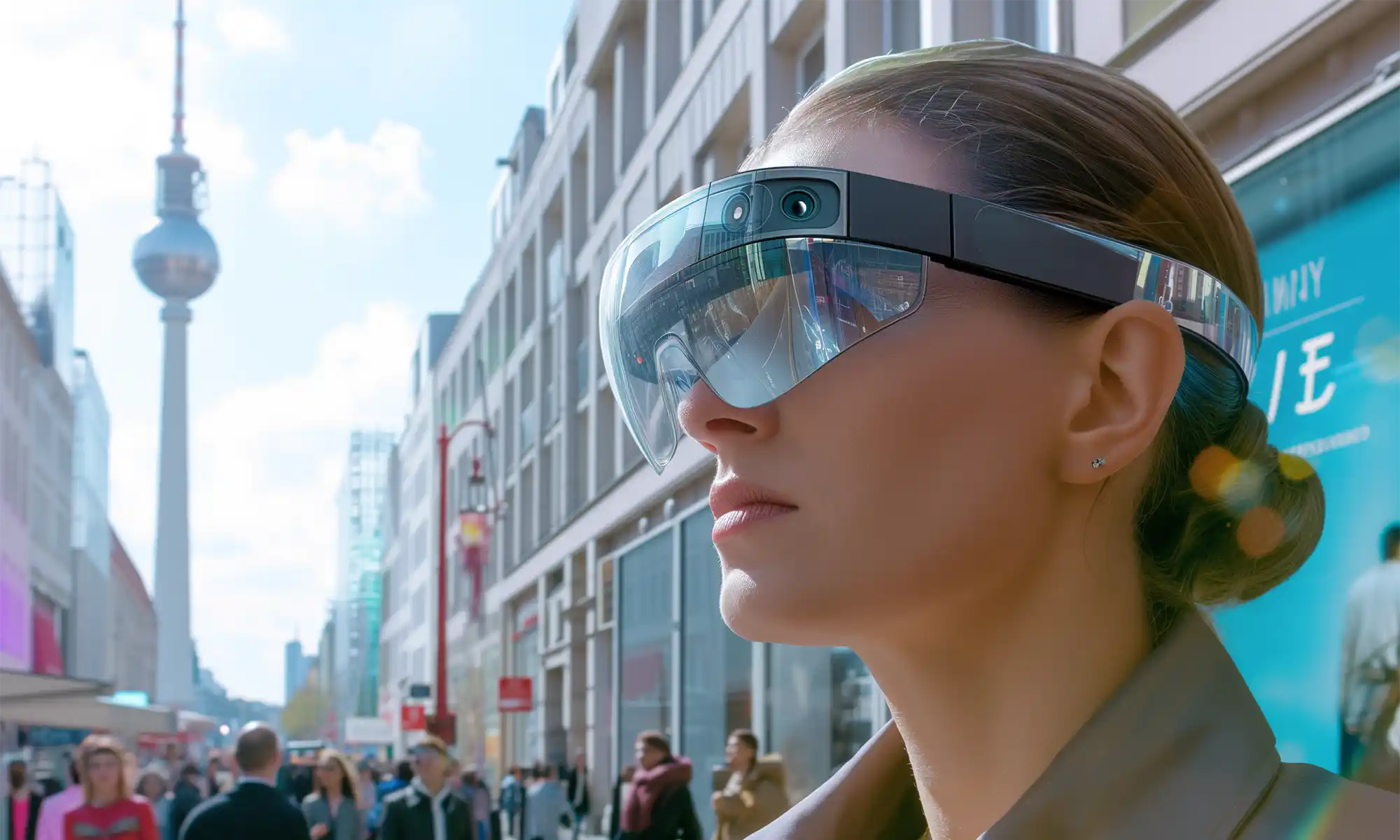 A woman wearing augmented reality smart glasses with a panoramic visor, standing on a busy city street with the Berlin TV Tower in the background.