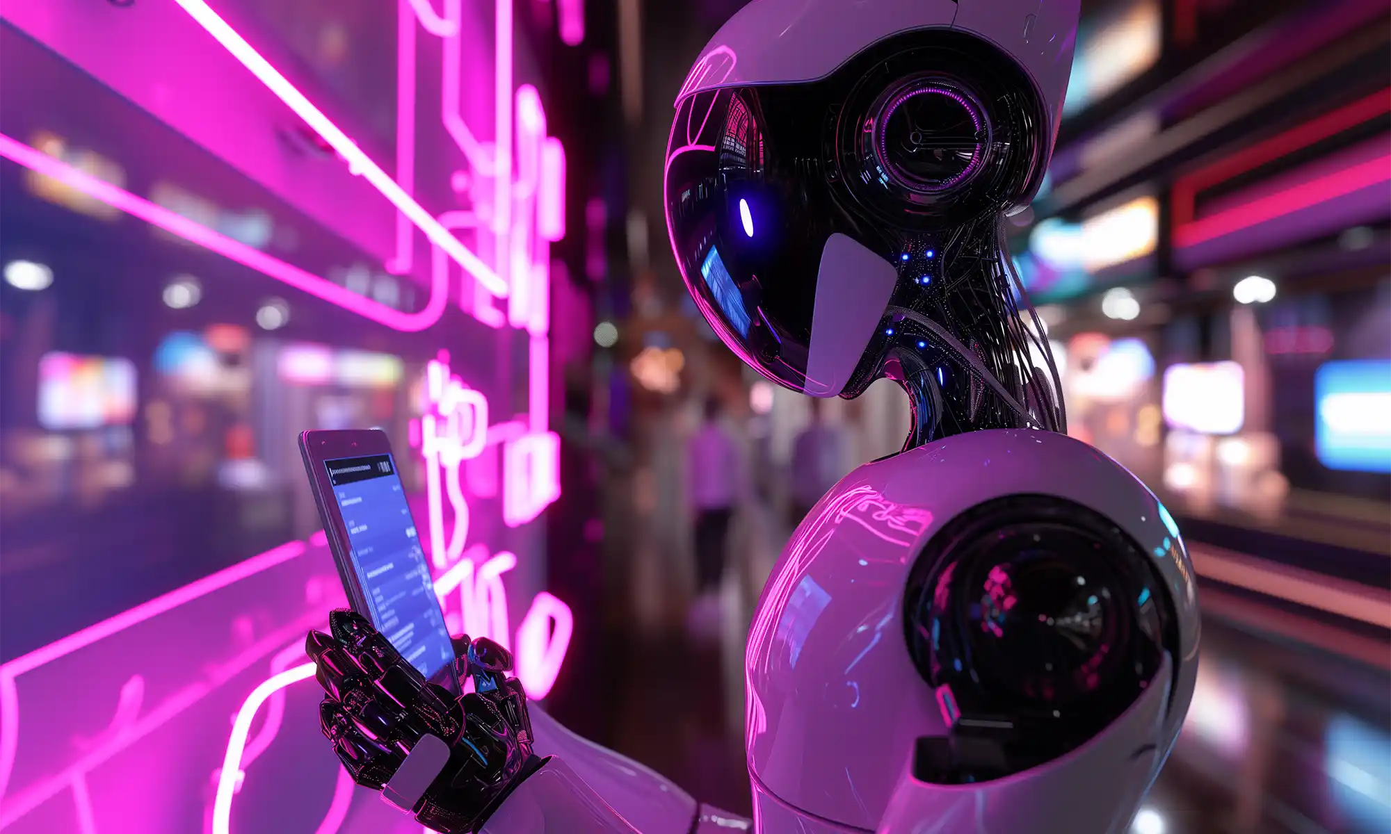 A humanoid robot with a sleek white and black design, featuring large, expressive eyes and a complex hand structure, is holding a smartphone in a neon-lit urban environment.