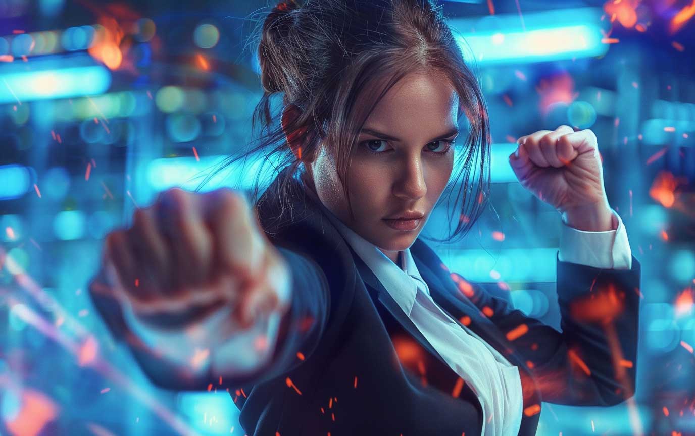 A woman in a defensive stance with a determined expression, wearing a business suit in a dynamic, futuristic cyber environment with neon lights and digital particles floating around.