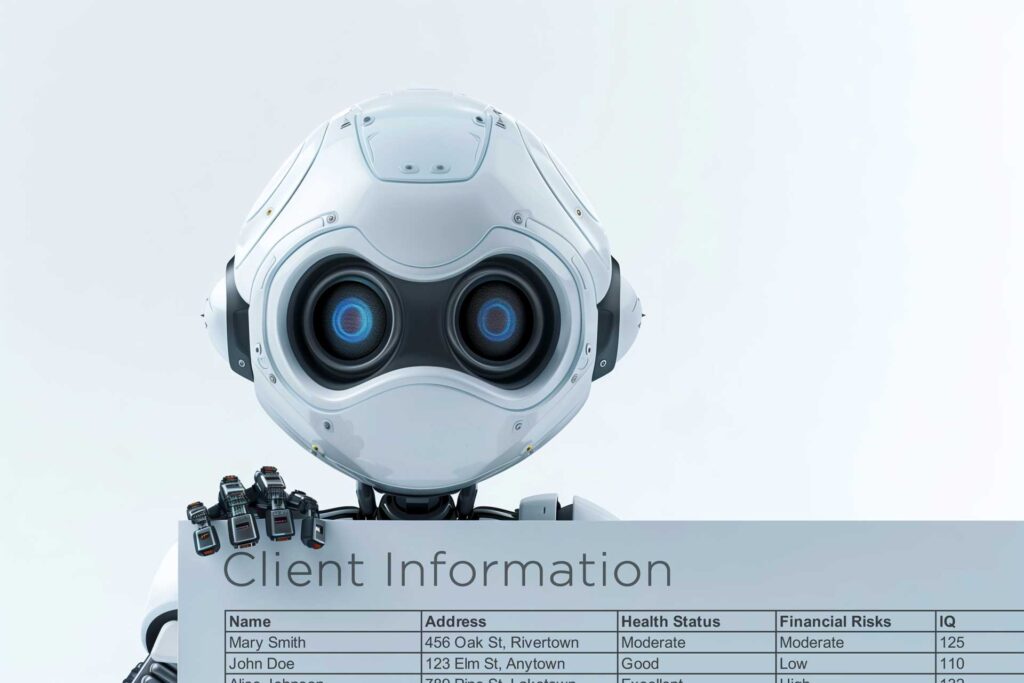 A futuristic robot with a humanoid face and multiple optical sensors holding a clipboard titled 