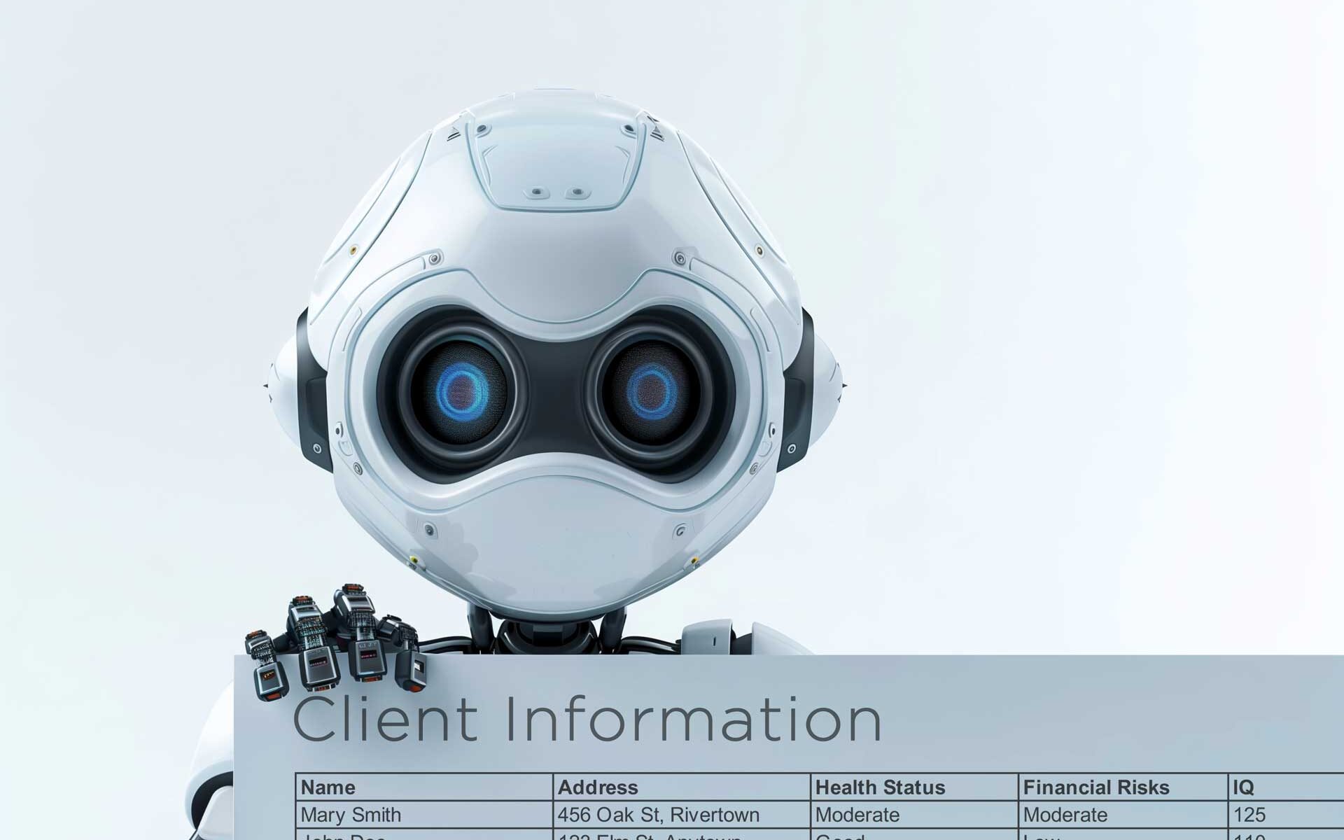 A futuristic robot with a humanoid face and multiple optical sensors holding a clipboard titled "Client Information," which lists the names, addresses, health statuses, financial risks, and IQ scores of two individuals.