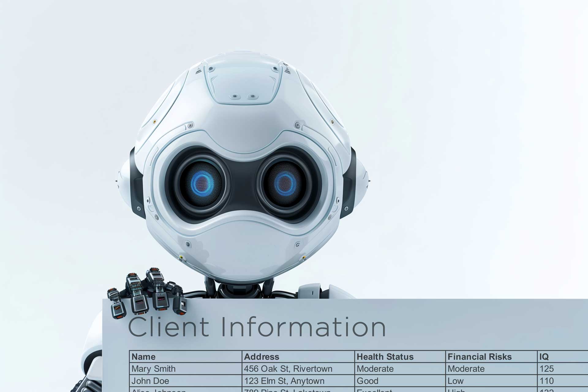 A futuristic robot with a humanoid face and multiple optical sensors holding a clipboard titled "Client Information," which lists the names, addresses, health statuses, financial risks, and IQ scores of two individuals.