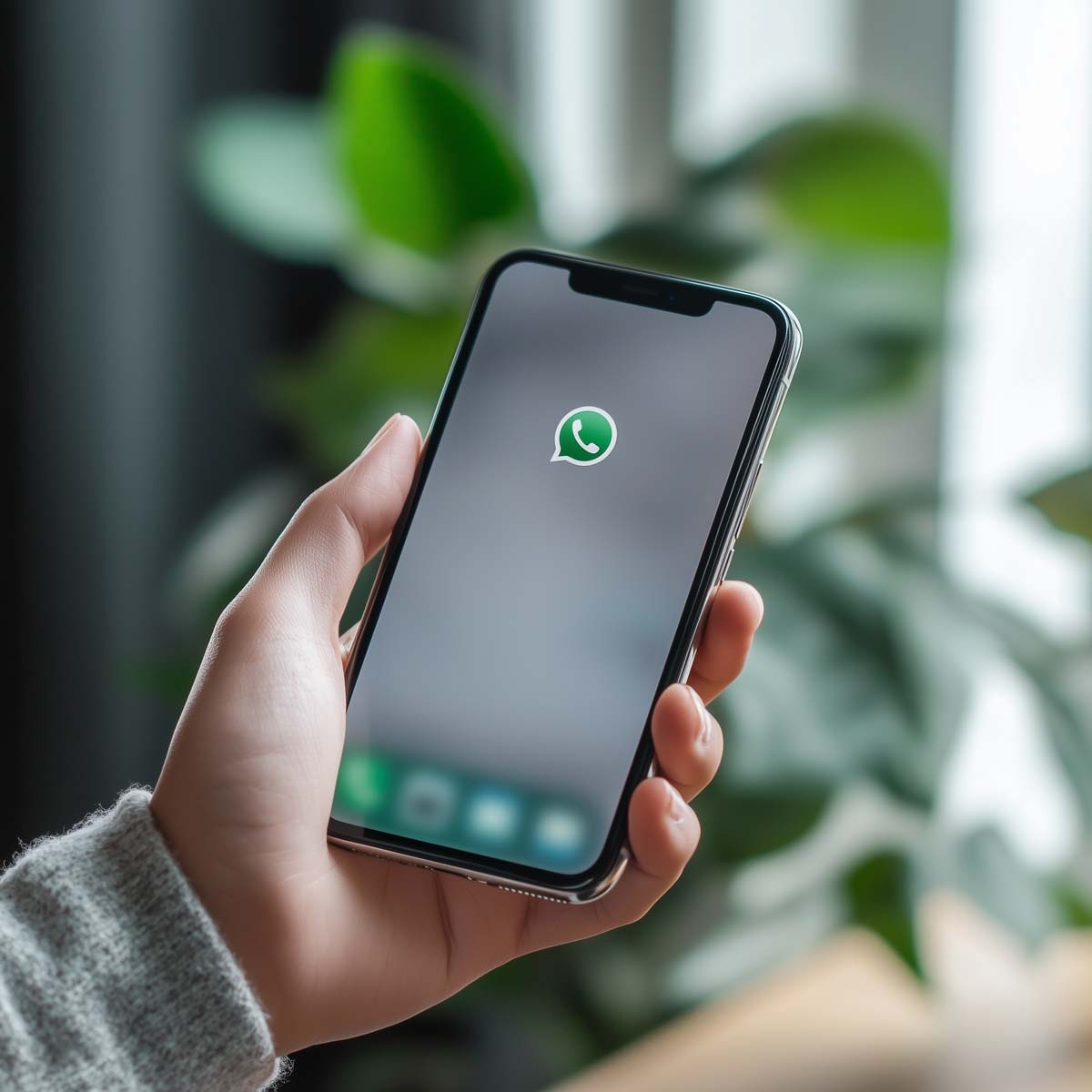 Eine Hand hält ein Smartphone, auf dem der Startbildschirm von WhatsApp zu sehen ist. Im Hintergrund sind unscharf grüne Pflanzenblätter zu erkennen.