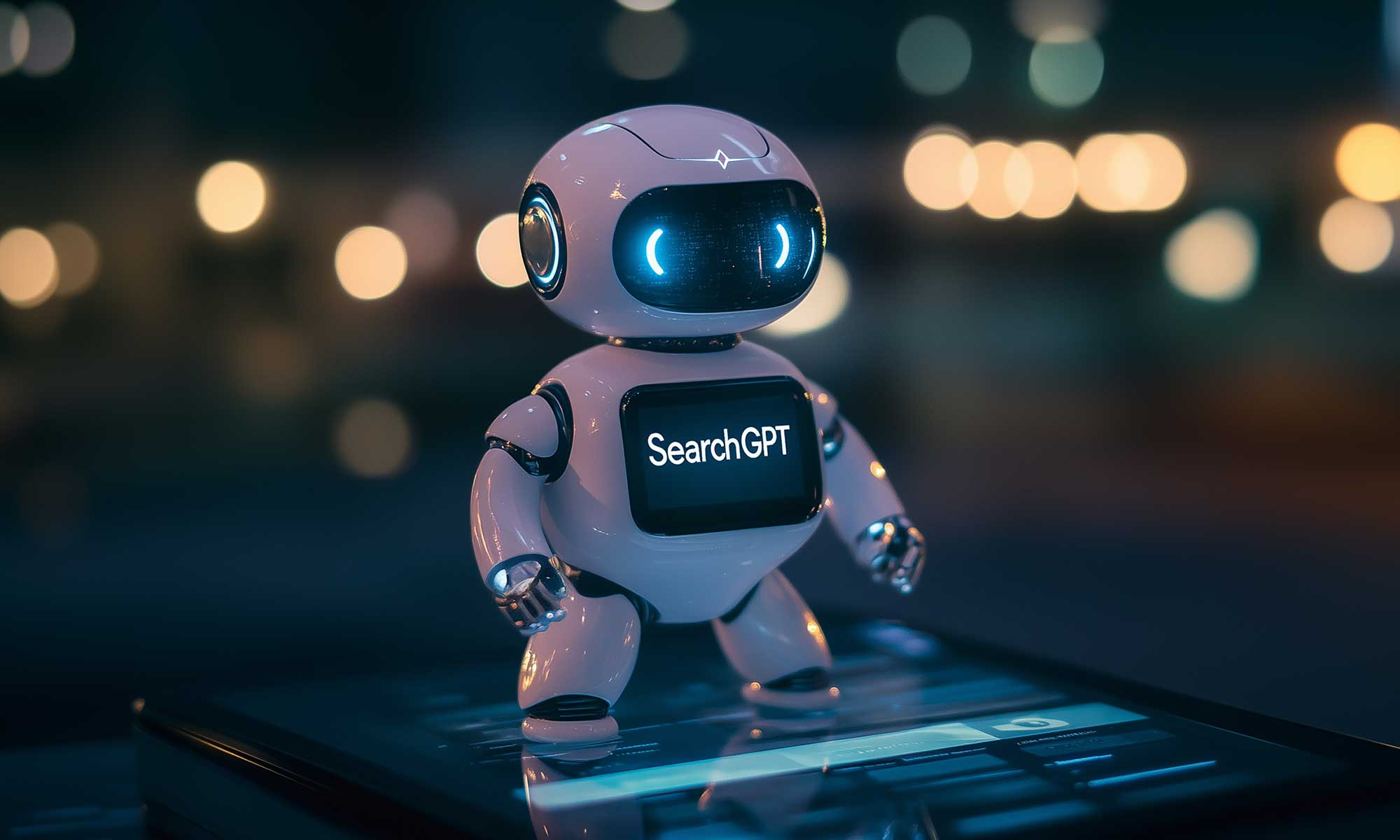 A small futuristic robot with a smooth, rounded design and a digital screen on its chest displaying "SearchGPT" stands on a touchscreen device. The robot has glowing blue eyes and is set against a dark, blurred background with circular light spots, creating a high-tech, ambient atmosphere.