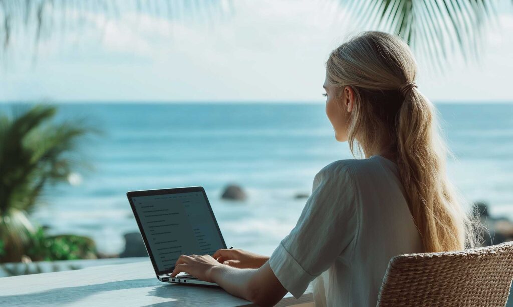 Junge Frau mit langen, blondem Haar arbeitet an einem Laptop mit Blick auf das Meer, umgeben von tropischen Pflanzen. Sie sitzt entspannt auf einer Terrasse mit einem Korbstuhl, während die Wellen sanft im Hintergrund rollen.