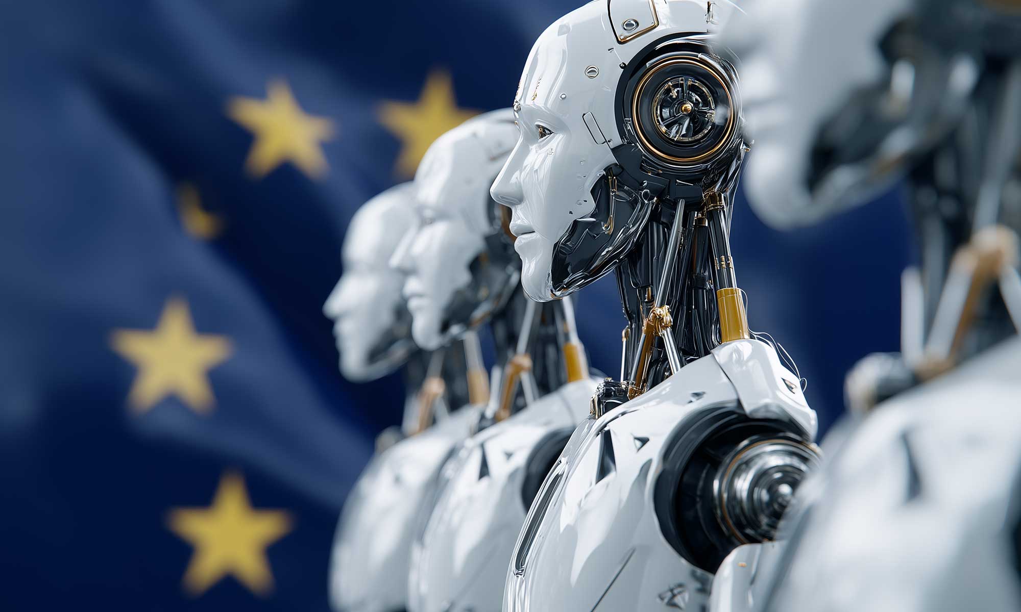 Reihe futuristischer humanoider Roboter vor einer EU-Flagge, Symbol für Regulierung und Entwicklung von Künstlicher Intelligenz in Europa.