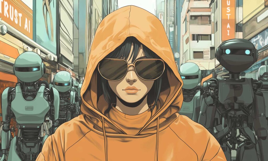 Illustration einer Frau mit Sonnenbrille und orangefarbenem Kapuzenpullover, die selbstbewusst durch eine futuristische Stadtstraße geht, begleitet von humanoiden Robotern; im Hintergrund ist ein Schild mit der Aufschrift „TRUST AI“ zu sehen.