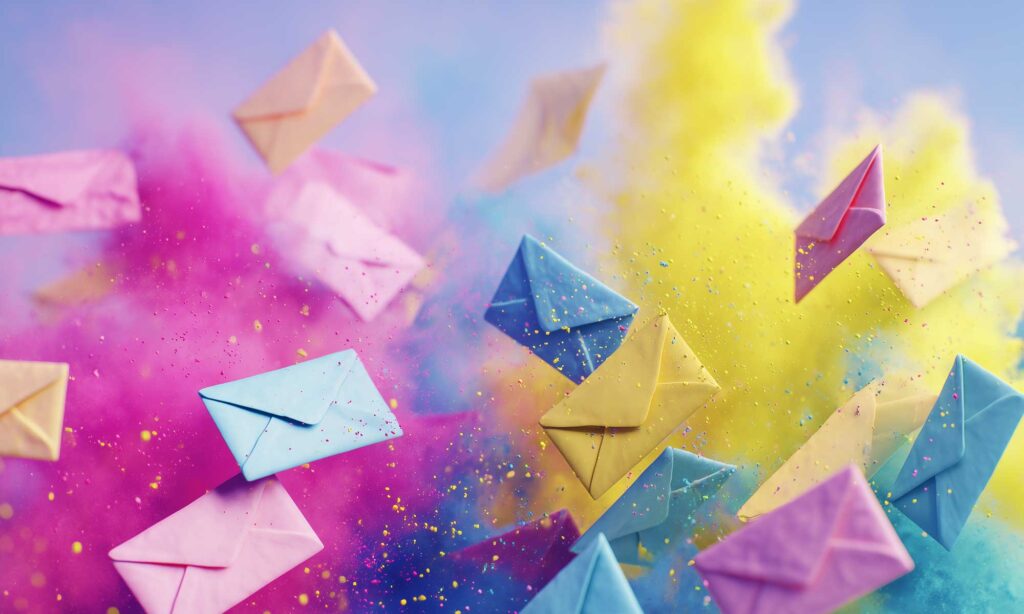 Bunte Briefumschläge schweben vor einem lebhaften Hintergrund aus farbigem Pulver in Gelb, Pink und Blau durch die Luft – eine dynamische und kreative Darstellung von Kommunikation.
