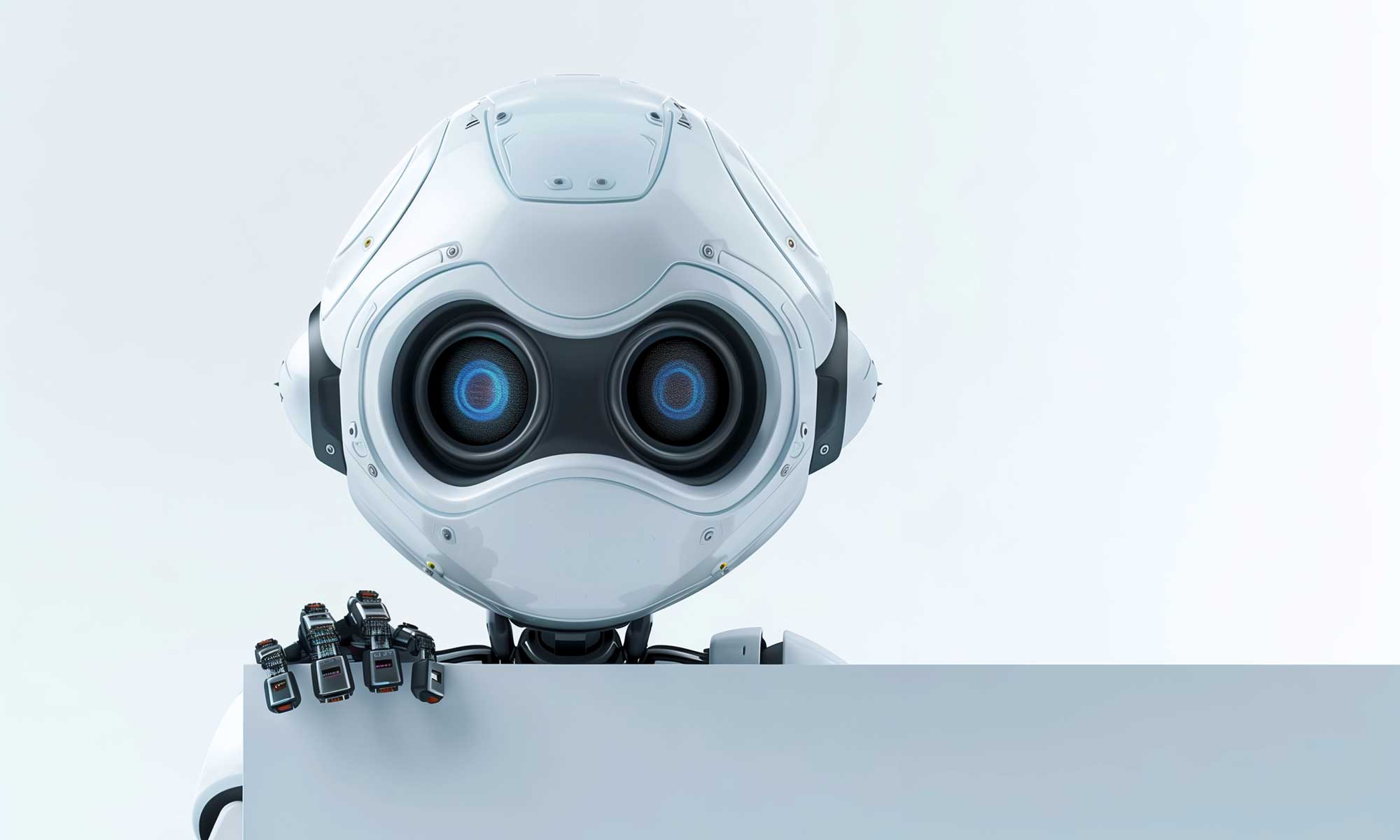 A futuristic robot with a humanoid face and multiple optical sensors holding a clipboard.