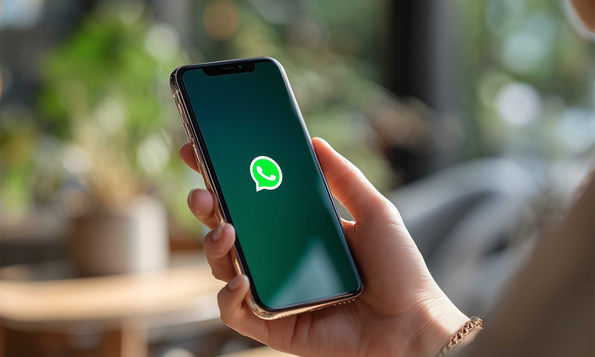 Hand holding an iPhone with the WhatsApp logo displayed on the screen