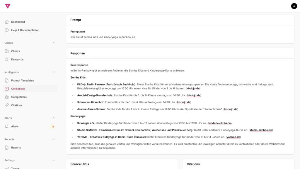 Screenshot der gemessenen Antworten einer KI-Abfrage