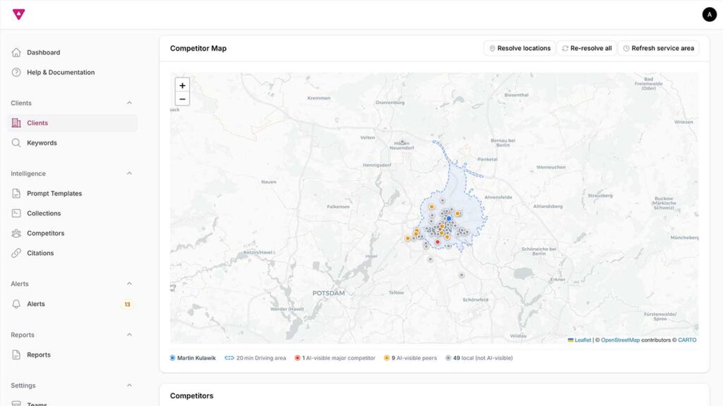 Screenshot der Wettbewerberübersicht auf eine Karte mit Markierung des Einzugsgebiets 