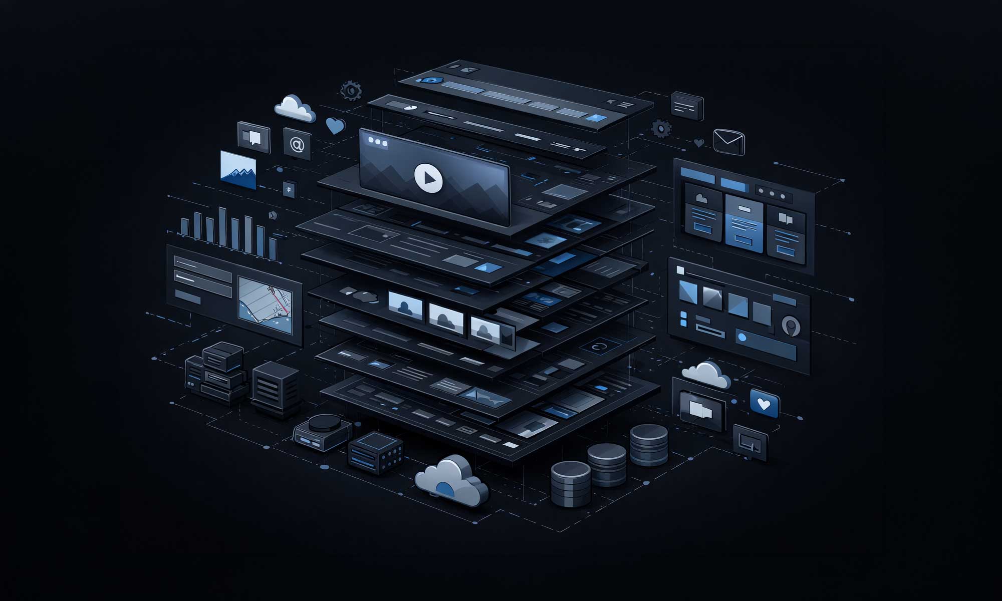 Technische Explosionsdarstellung einer modernen Website im Dark Mode: übereinander schwebende Interface-Ebenen, verbunden durch Linien, ergänzt durch Server-, Cloud- und Datenbank-Elemente in dunklen Blau- und Schwarztönen.
